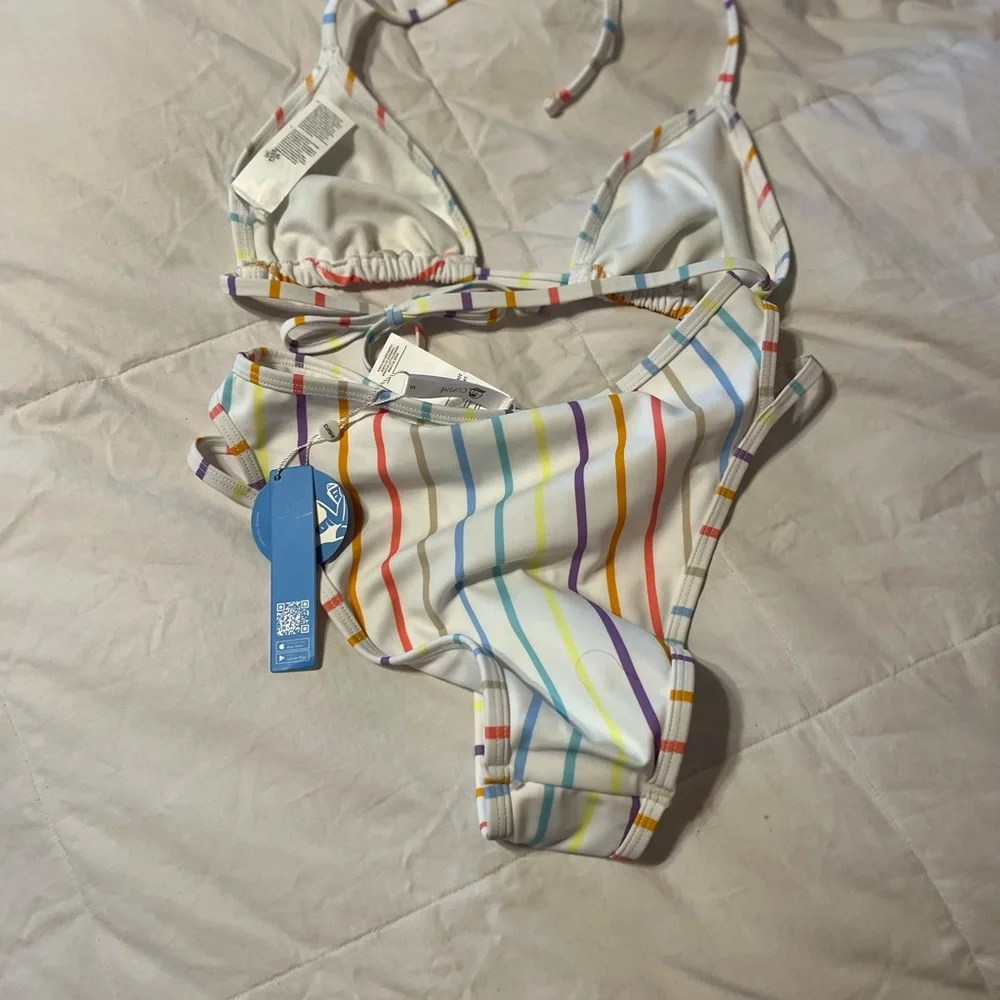 Striped White Multi Triangle Bikini Top and Bottom Set - Women Swim